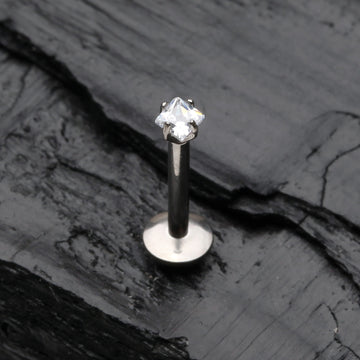 Detail View 1 of Implant Grade Titanium Square Gem Prong Set Top Internally Threaded Labret-Clear Gem